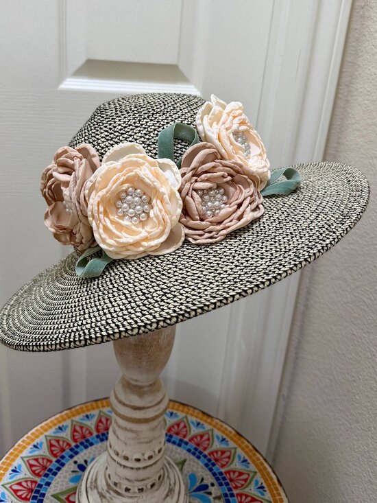 Elegant Women\'s Tweed Sun Hat With Satin Flowers And Pearls Wedding Tea Party main image 15